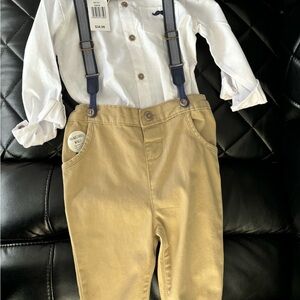 Kids White Shirt and Tan Pants Set with Suspenders